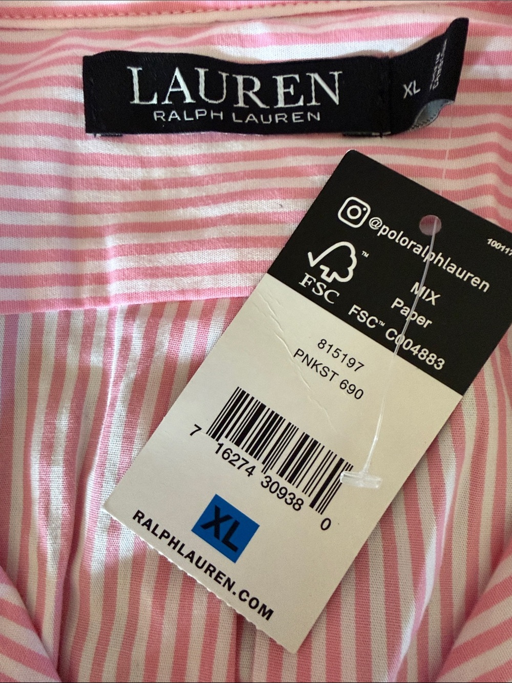 Lauren Ralph Lauren Boyfriend Sleepshirt Pink & White Stripe Cotton Poplin Sz XL - Picture 5 of 9